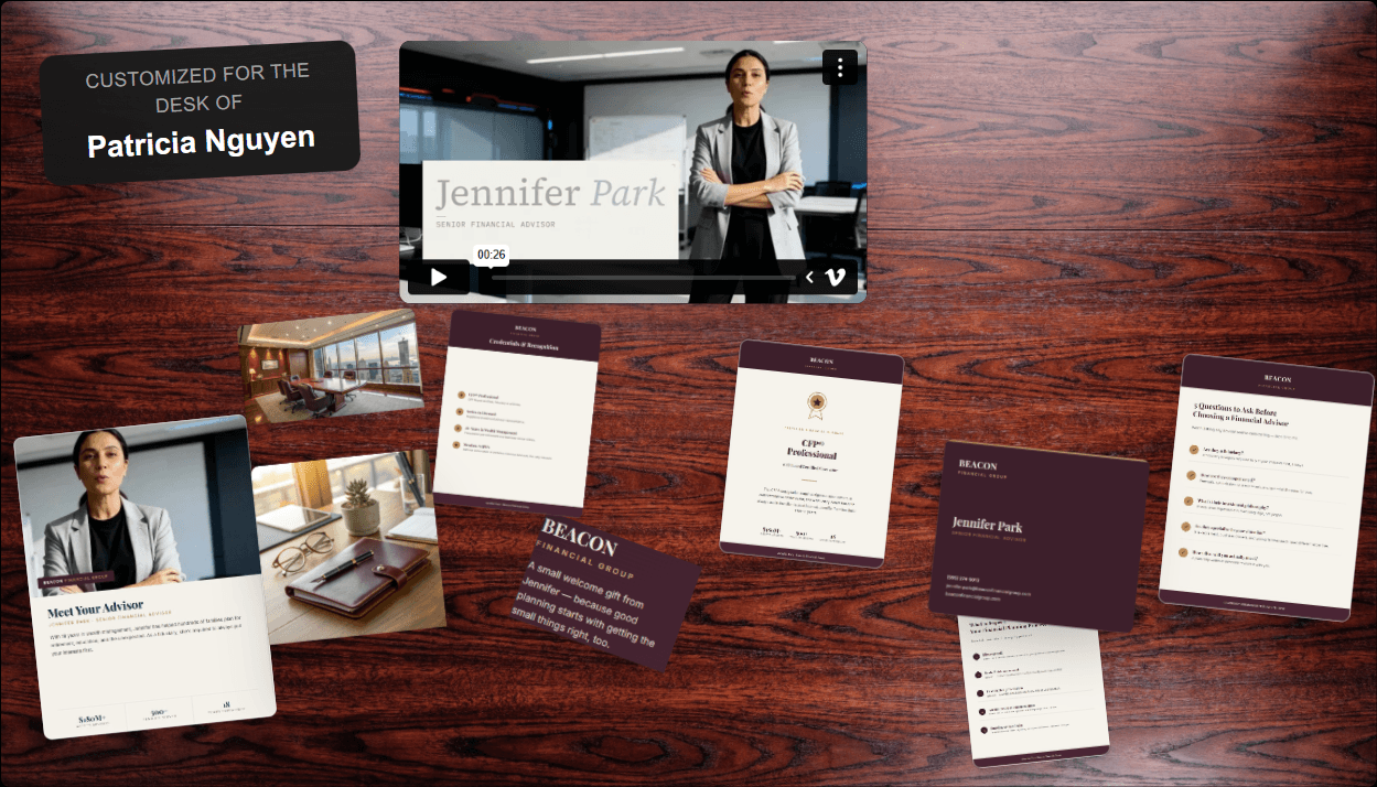 A real ActiDesk package built for a financial advisor — video message, business card, credentials magazine, office photos, and a welcome pen, laid out on the desk-scene template