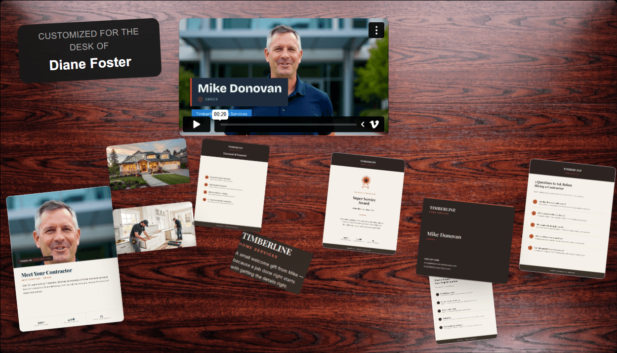 A real ActiDesk package built for a home services contractor — video message, business card, project magazine, credentials, job photos, and a welcome pen, laid out on the desk-scene template