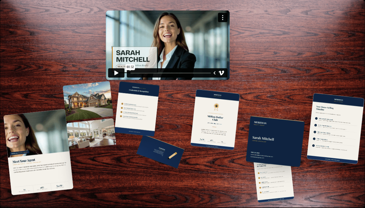 A real ActiDesk package built for a real estate listing — video message, business card, market brochure, listing photo, credentials, and a welcome pen, laid out on the desk-scene template