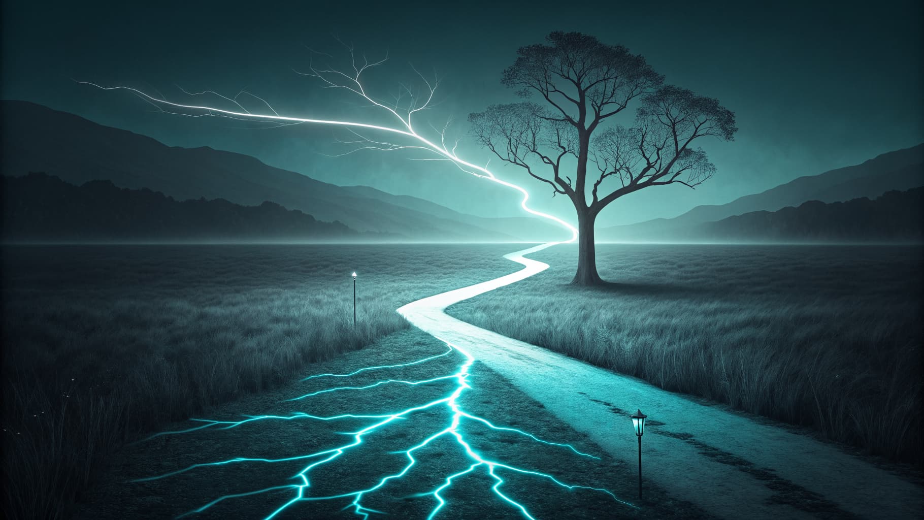 Abstract cyan pathways converging into one point on a dark background, symbolizing a narrowing vendor decision