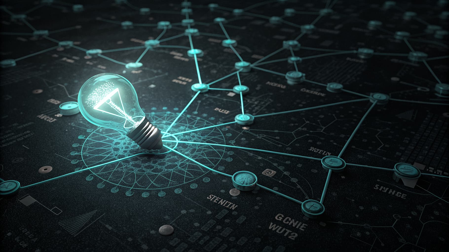 A single glowing node connected by light lines to a scattered cluster of dimmer nodes in darkness