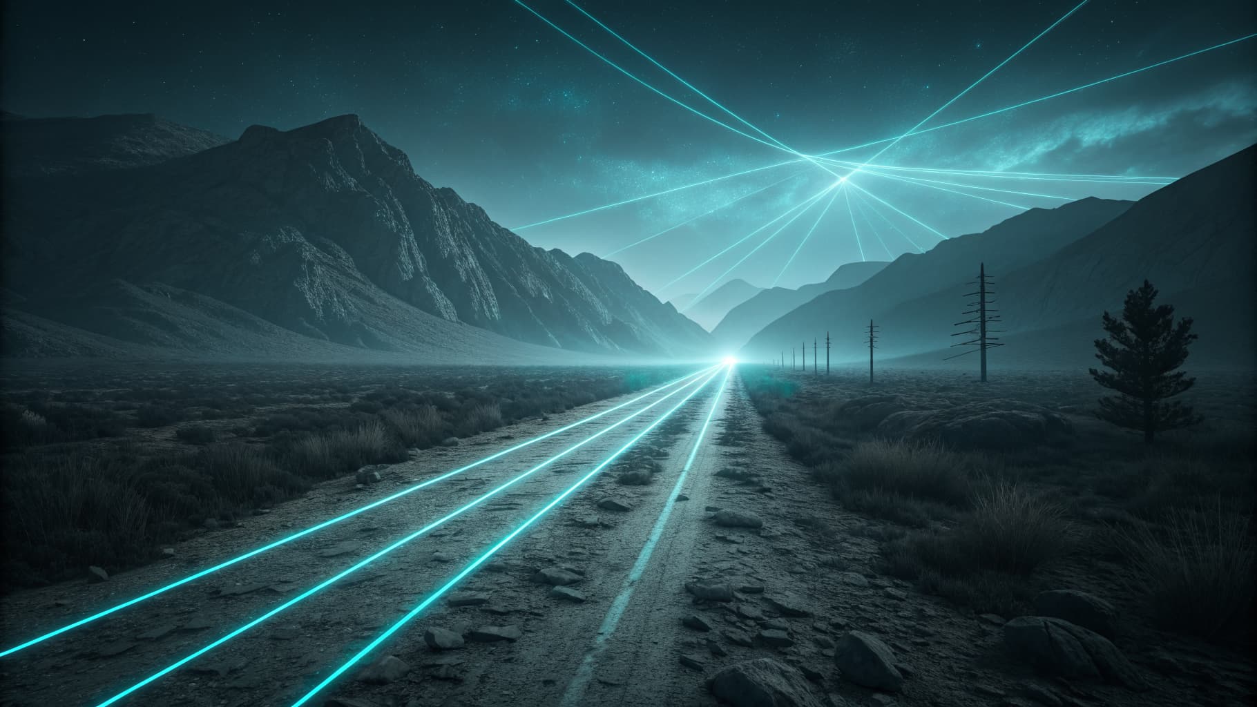 Abstract cyan light trails converging into one unified path against a dark background