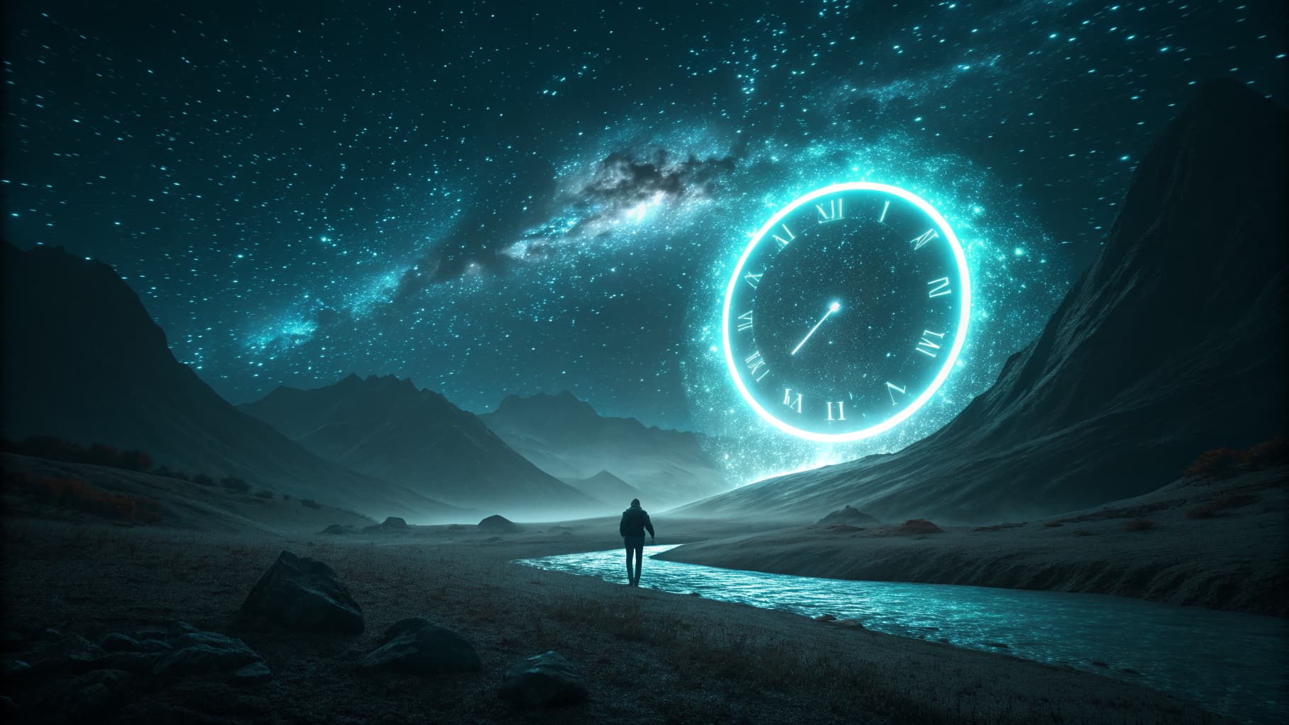 Abstract cyan light ring narrowing against a dark background, symbolizing a closing window of time