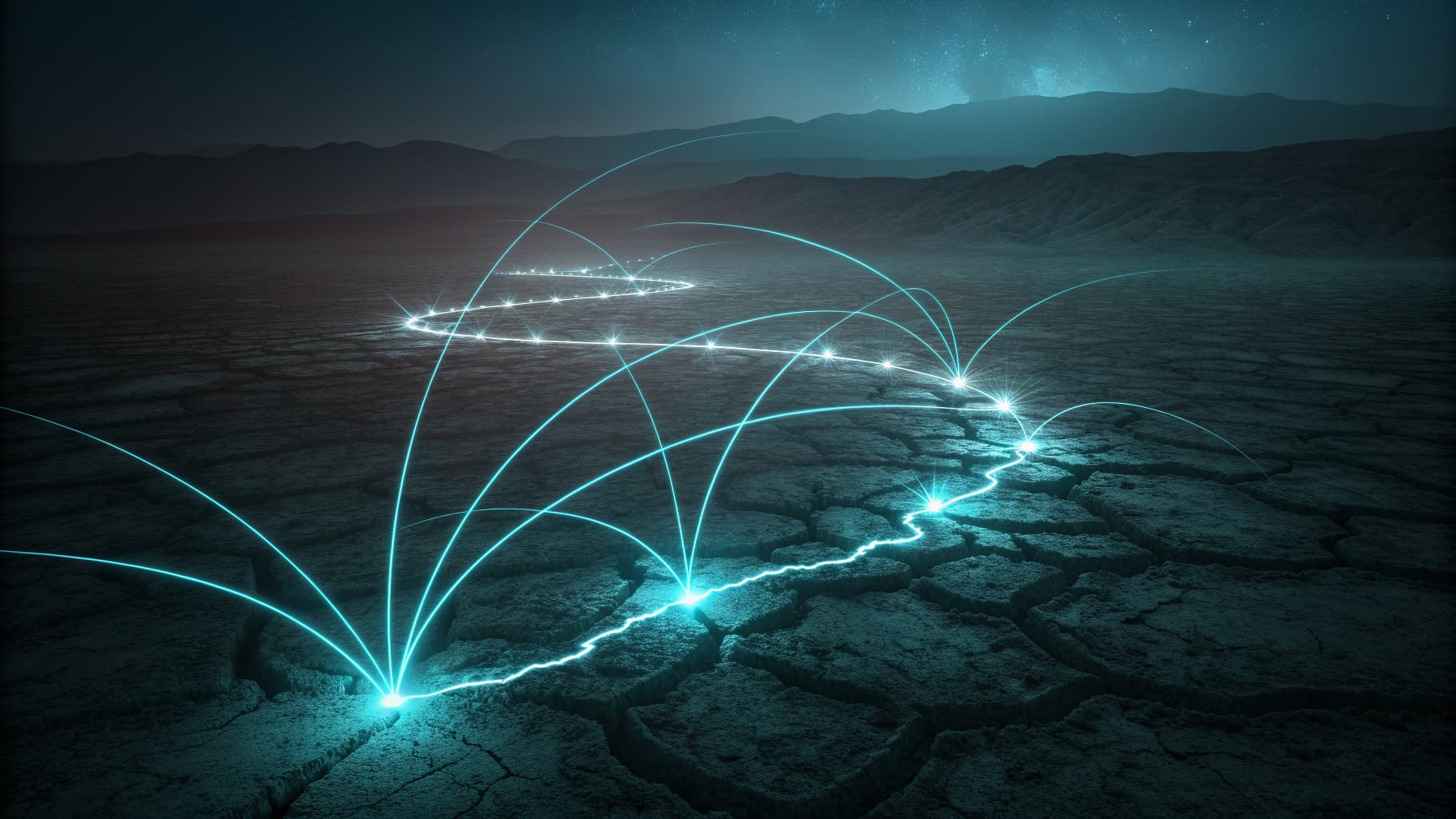 Abstract cyan light paths diverging from one source on a dark background, symbolizing brand drift