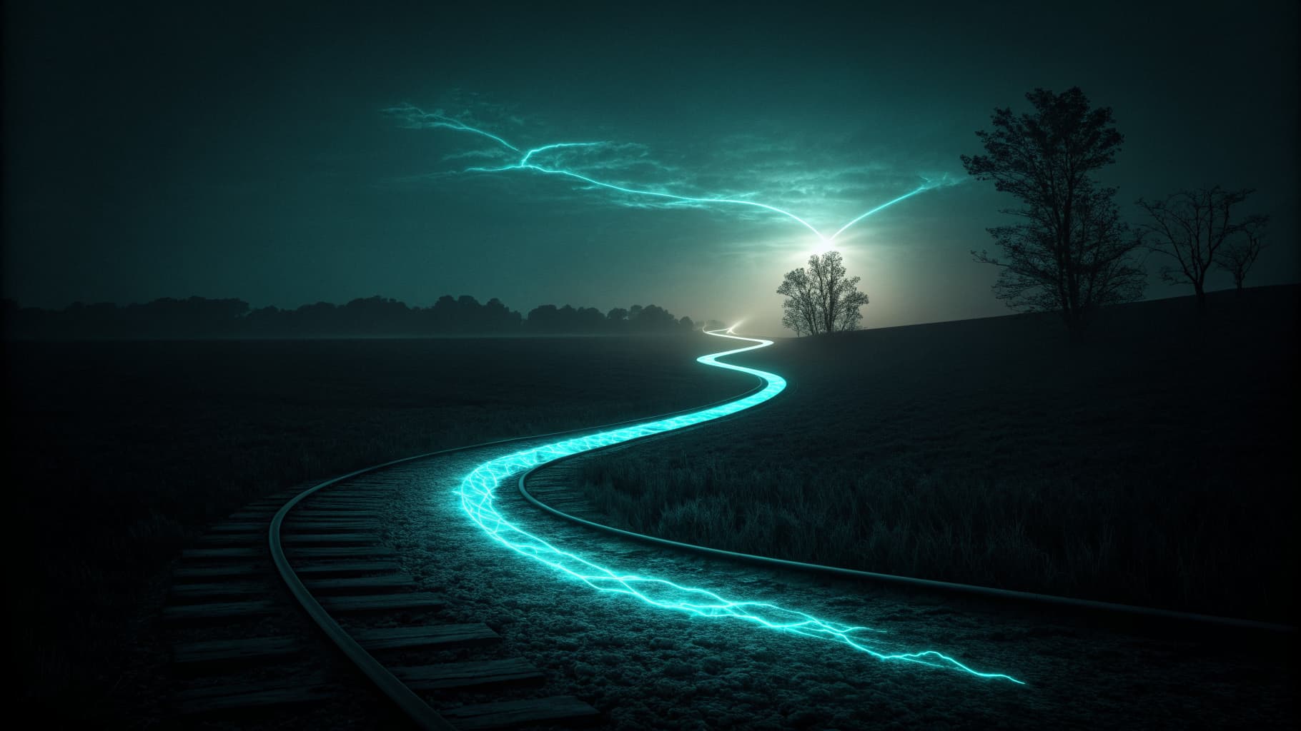 A glowing cyan pathway leading toward a distant point of light in a dark abstract landscape