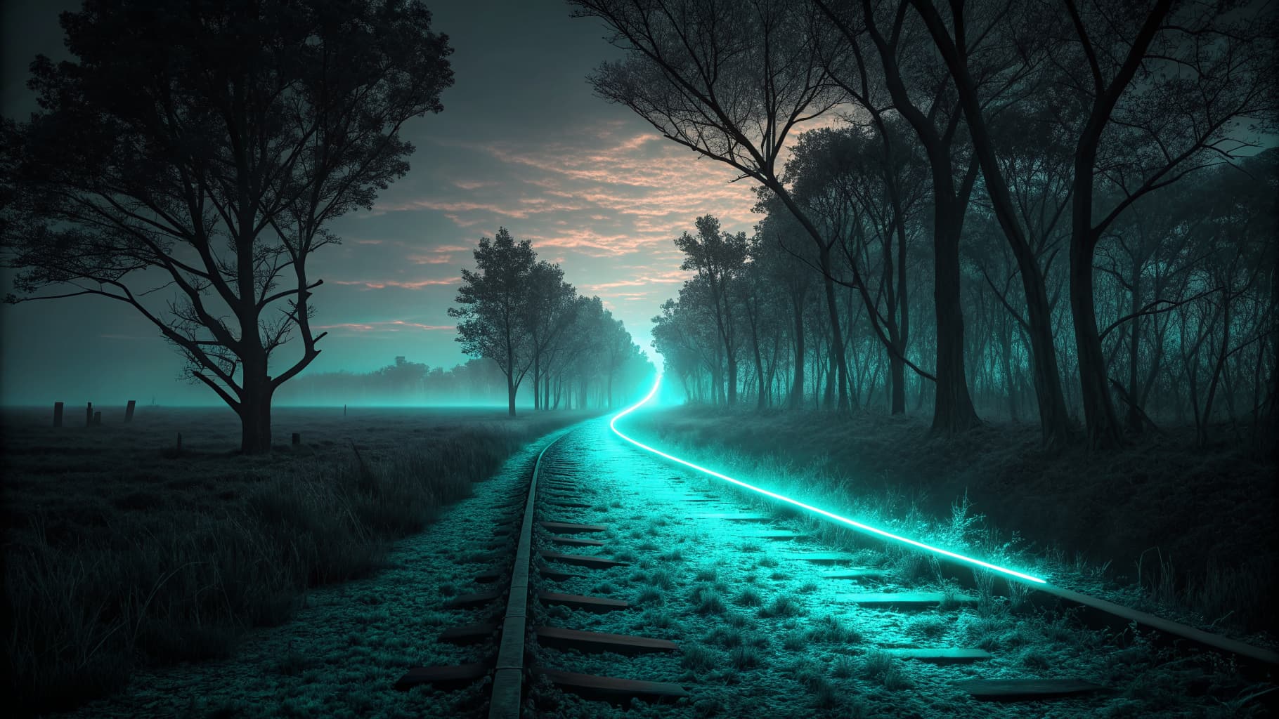 A single lit path glowing cyan through darkness, suggesting one chosen option standing out from the rest