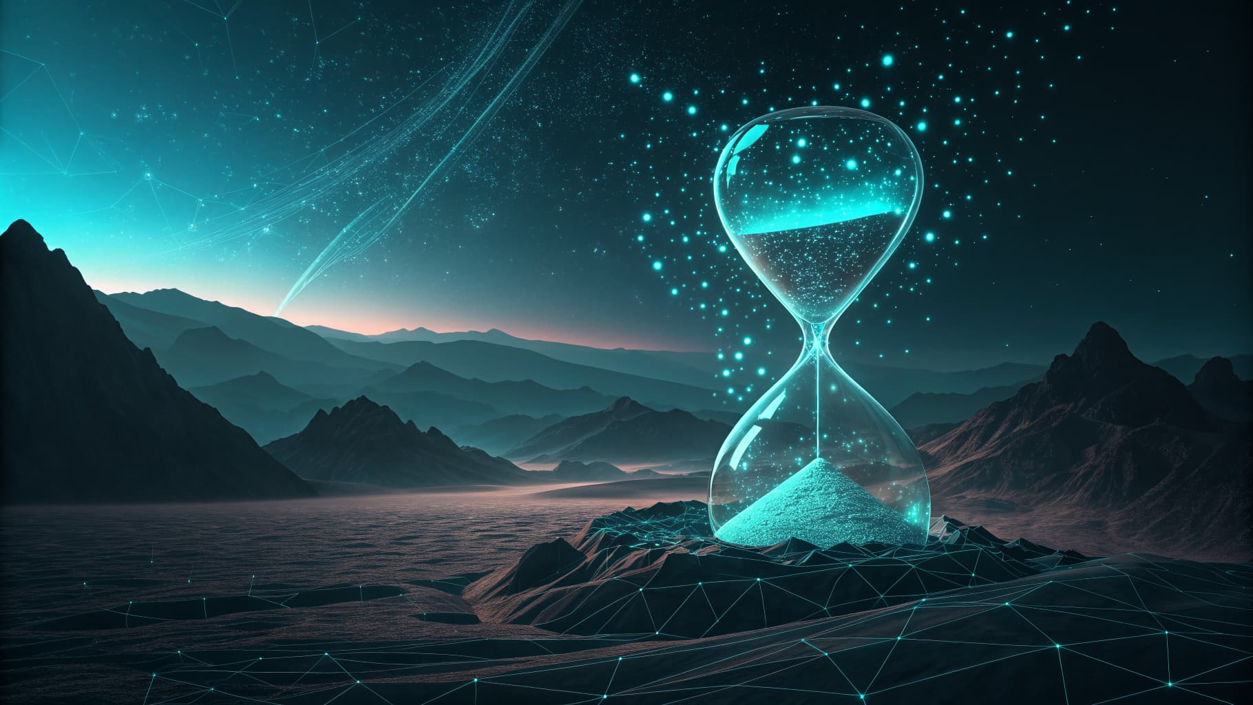 Abstract glowing cyan shape dissolving against a dark background, symbolizing content quietly going out of date