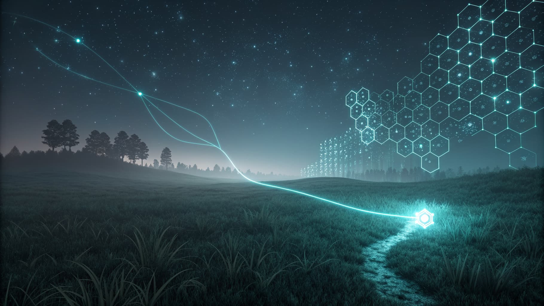 Abstract cyan light thread gathering scattered points into one bright node on a dark background