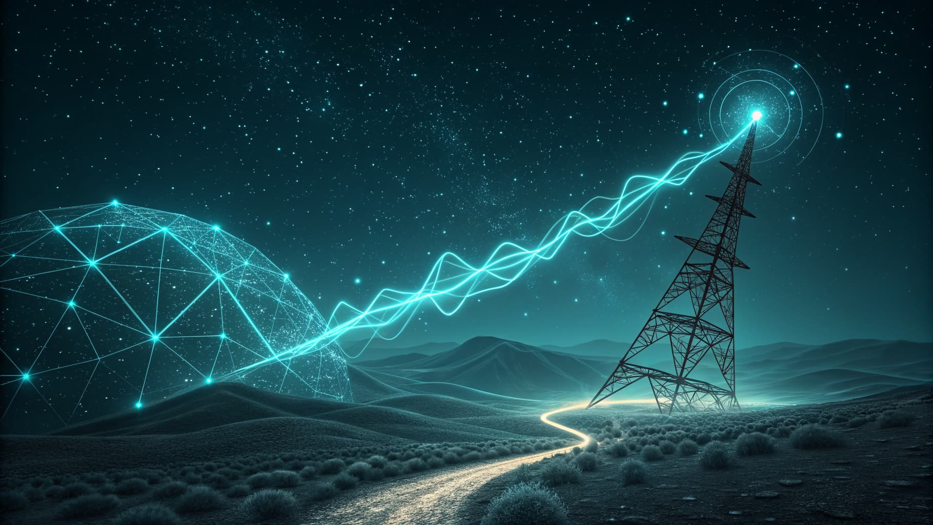 Abstract cyan light trail passing between two nodes symbolizing a sales handoff on a dark background