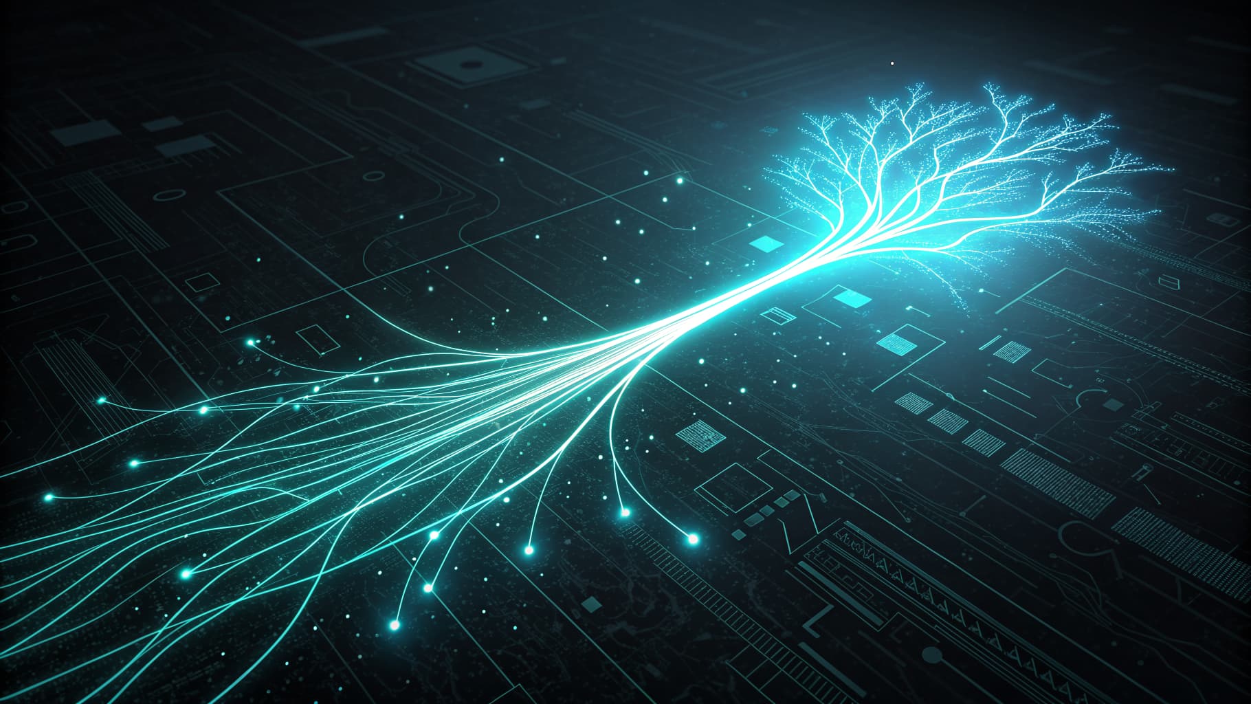 Abstract cyan light trails converging into a single stream against a dark background