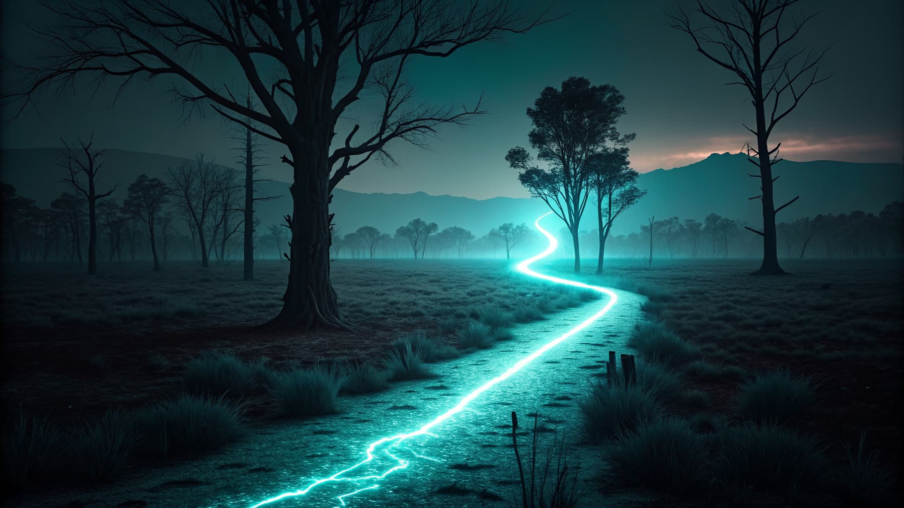 A single glowing cyan path cutting through darkness ahead of several dim, unlit paths