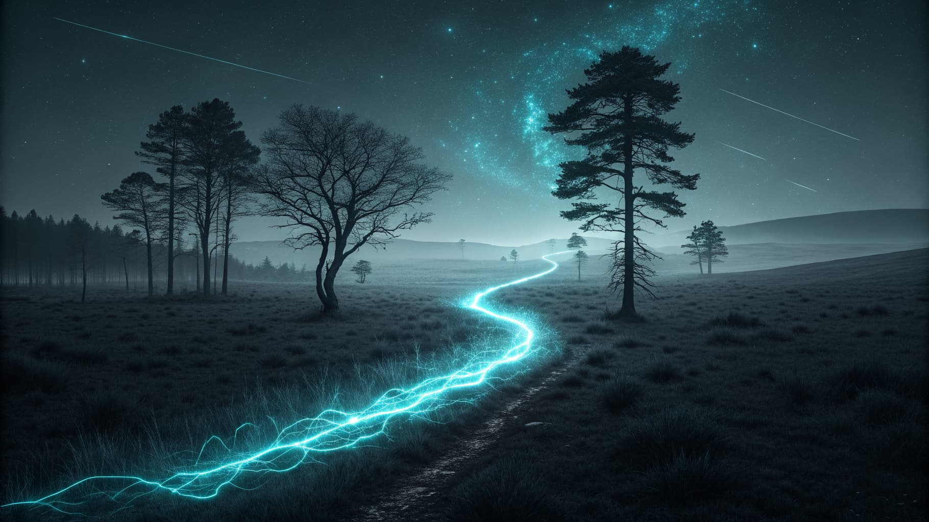 A single bright cyan light trail standing out against faded duplicate trails on a dark background