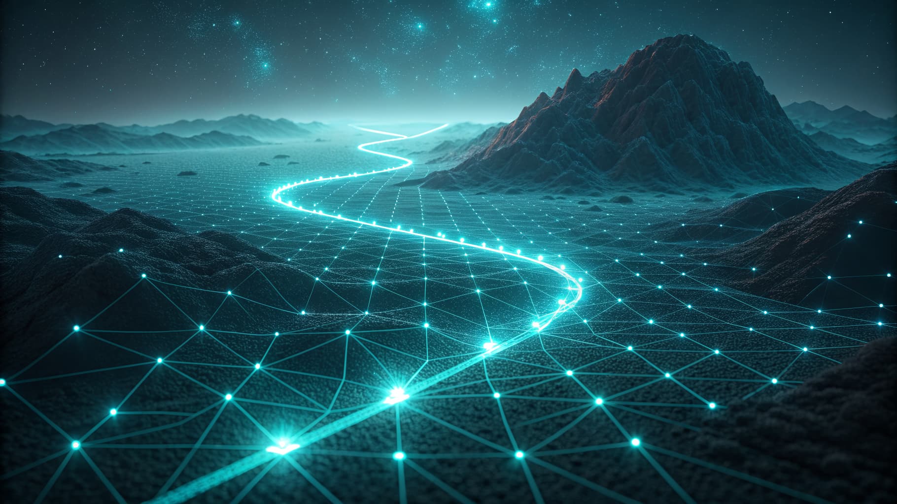 Abstract cyan light path converging scattered nodes into one unified line on a dark background