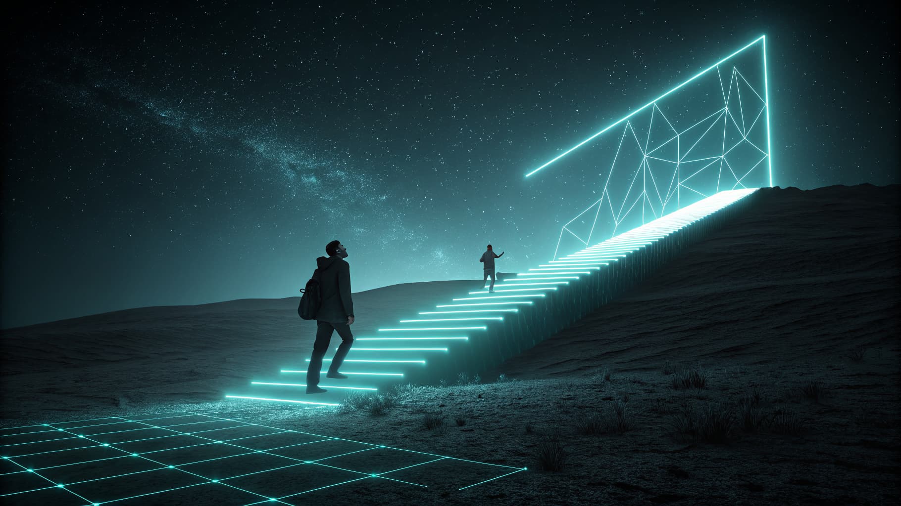 Glowing cyan ascending path on a dark background symbolizing accelerated rep productivity