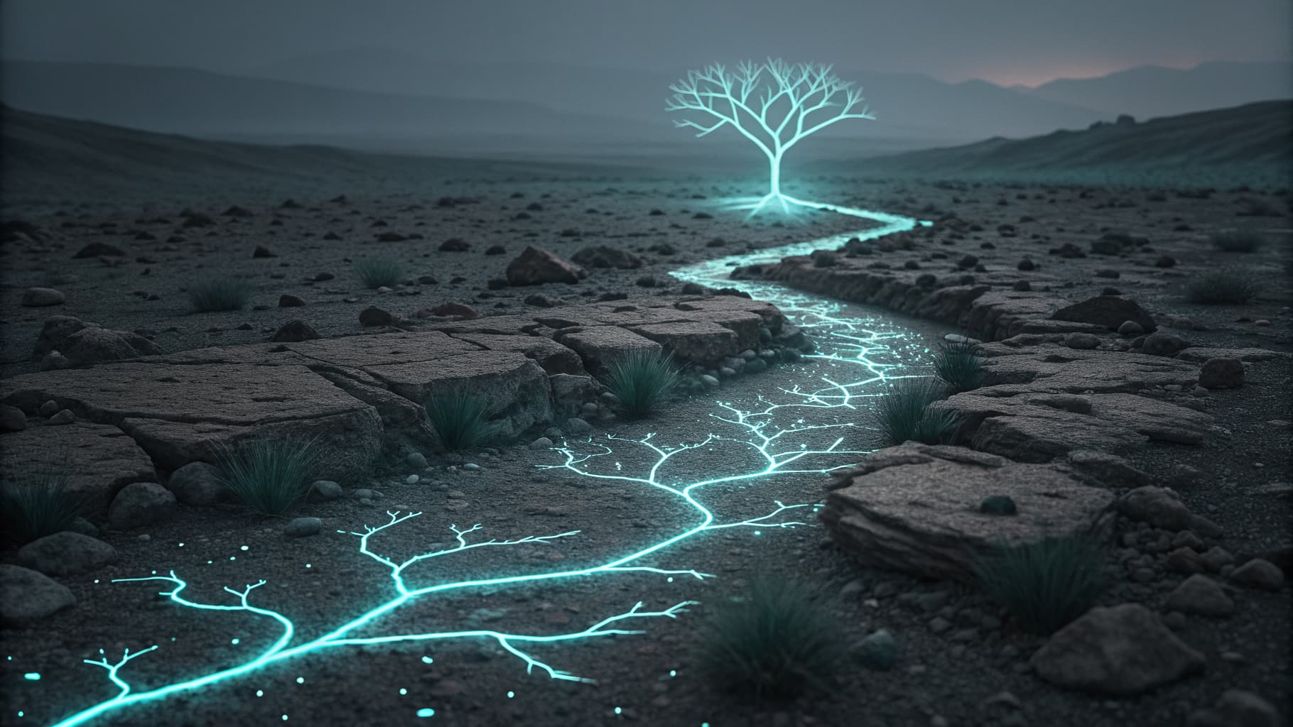 Abstract cyan pathway branching from a single source across a dark background, symbolizing tool standardization.