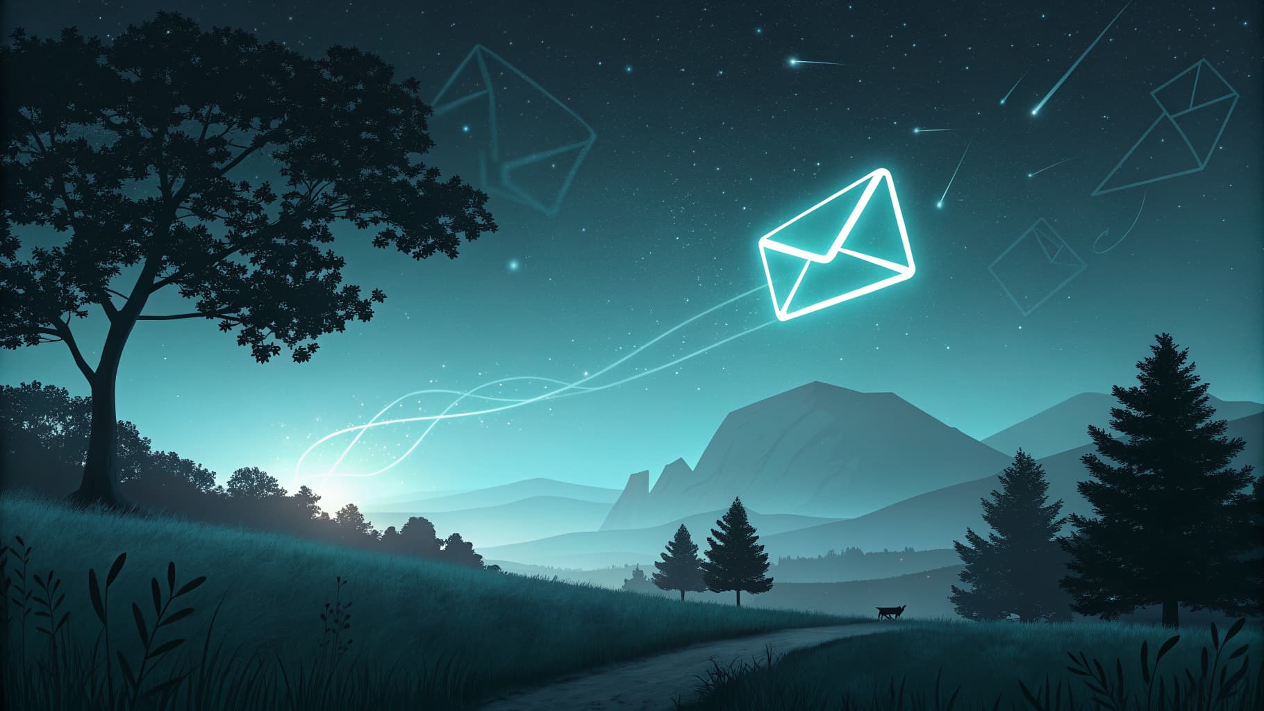 A glowing message icon traveling across a dark gradient landscape toward a lit horizon, symbolizing a pre-meeting message