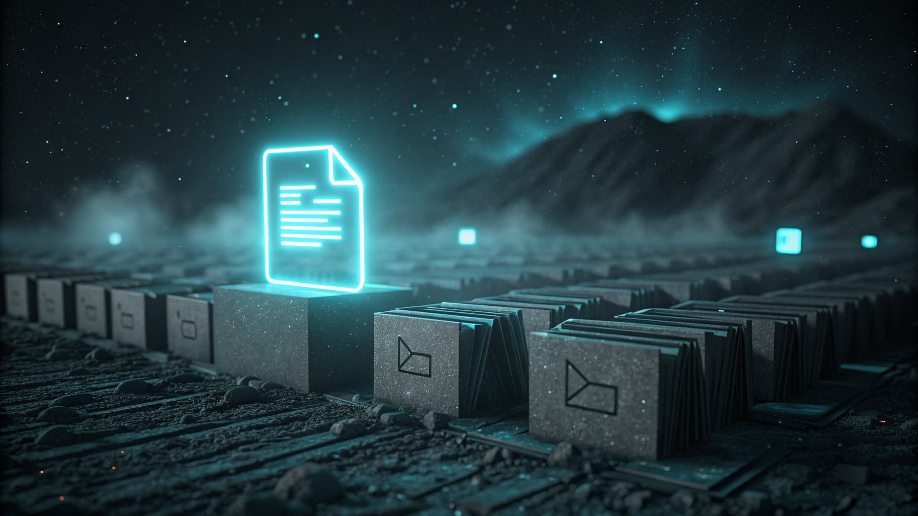 One glowing document stands out from a fading stack of duplicate files on a dark background