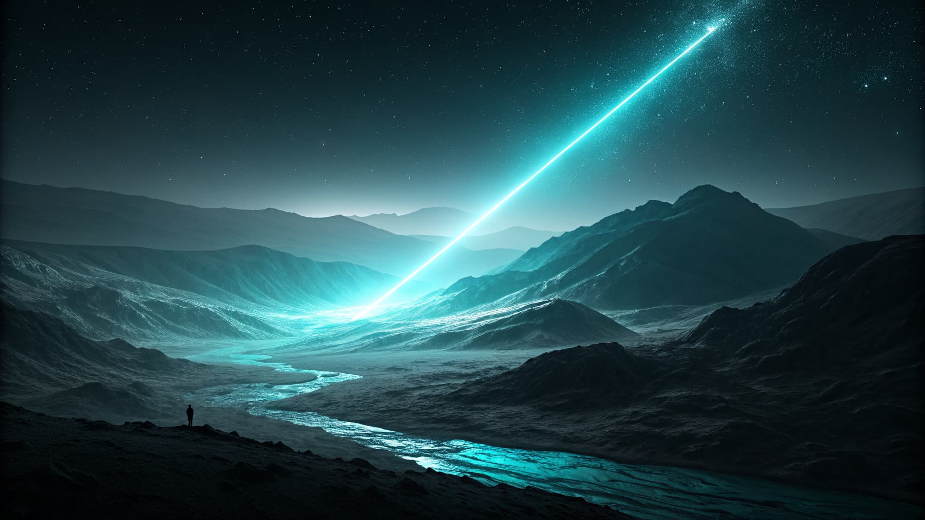 Glowing cyan layer standing out sharply against dim, fading panels on a dark background