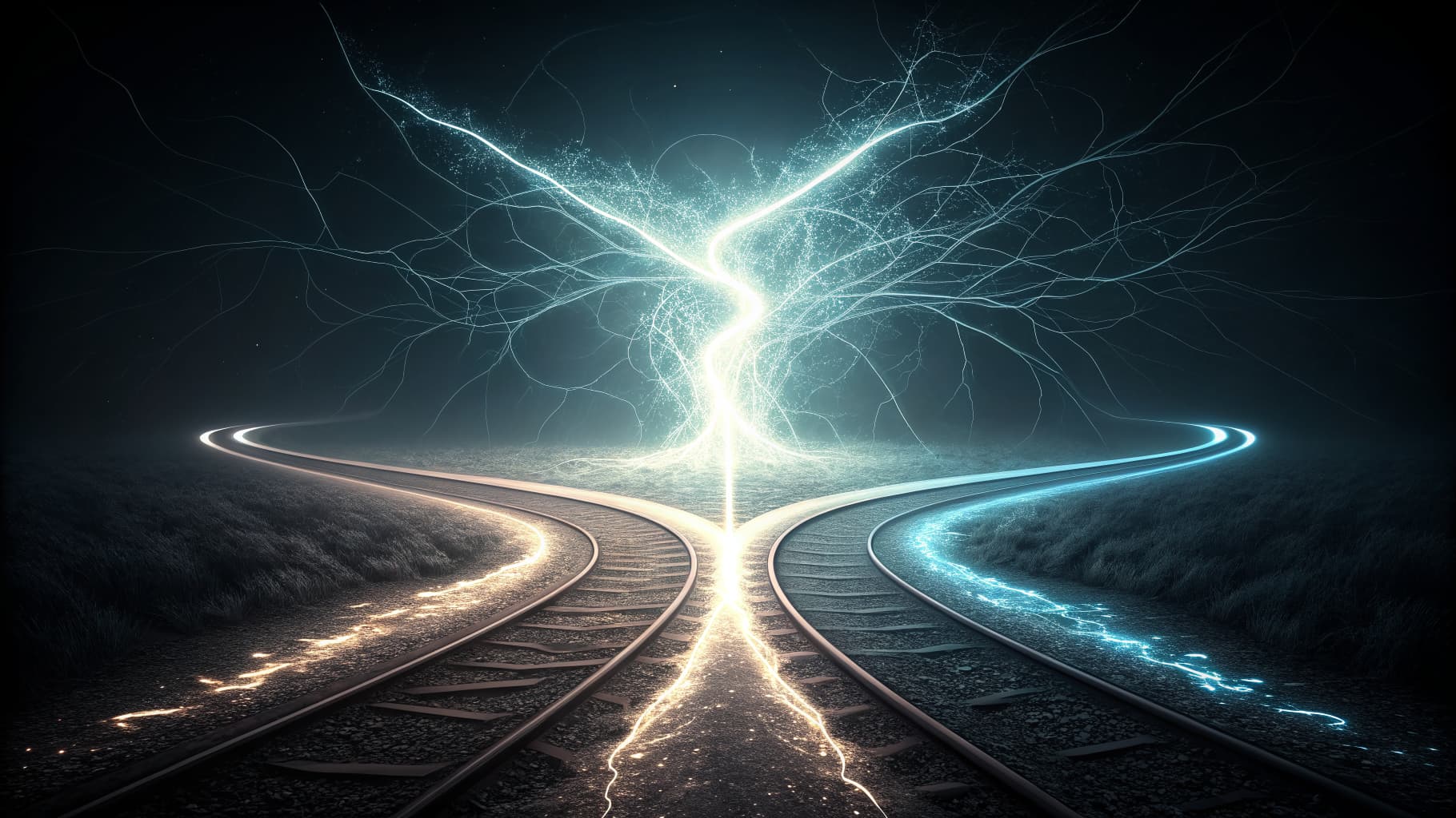 Two glowing cyan light paths converging into one on a dark background, symbolizing merging inconsistent processes