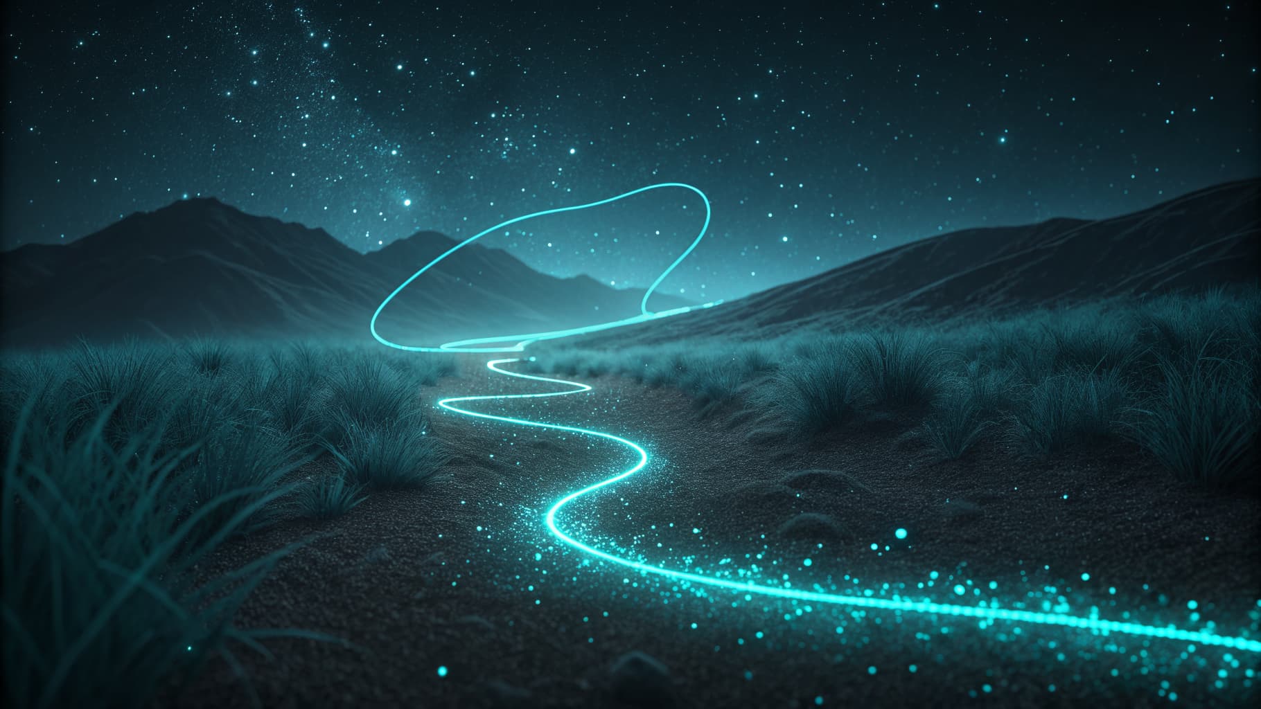 Abstract cyan thread looping away and curving back on a dark background, suggesting a deal returning later