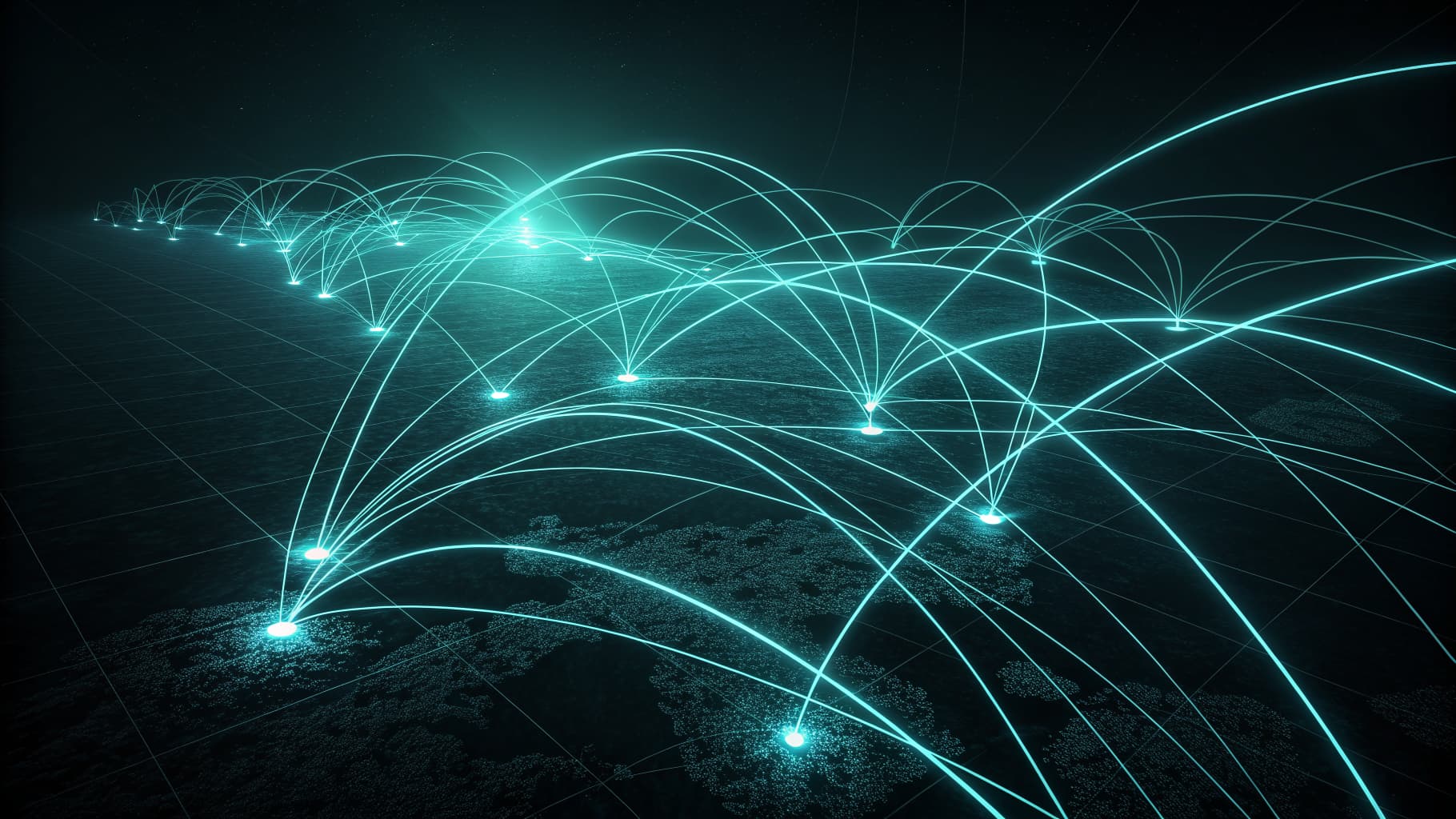 Glowing cyan network lines rerouting into new connected paths on a dark background