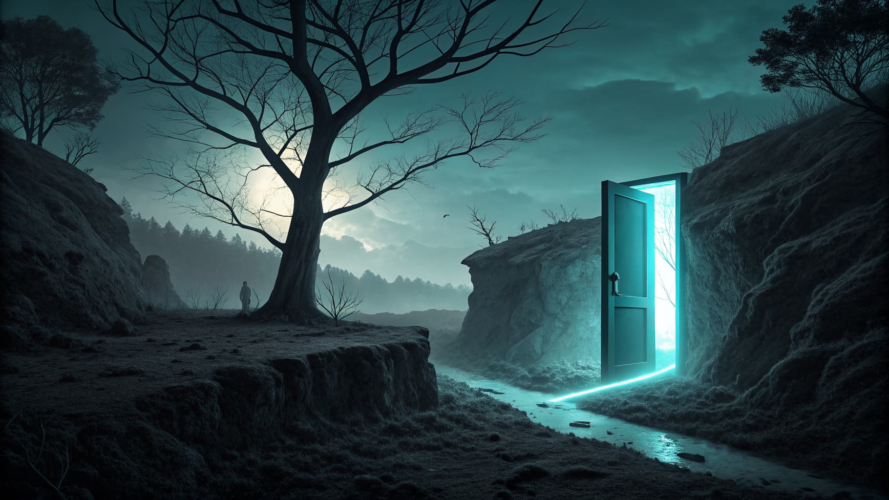 Abstract dark scene with a glowing cyan threshold representing the gap between inside and outside views of a business