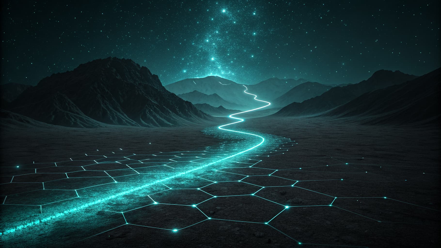 Abstract cyan signal line splitting into drifting parallel paths on a dark background