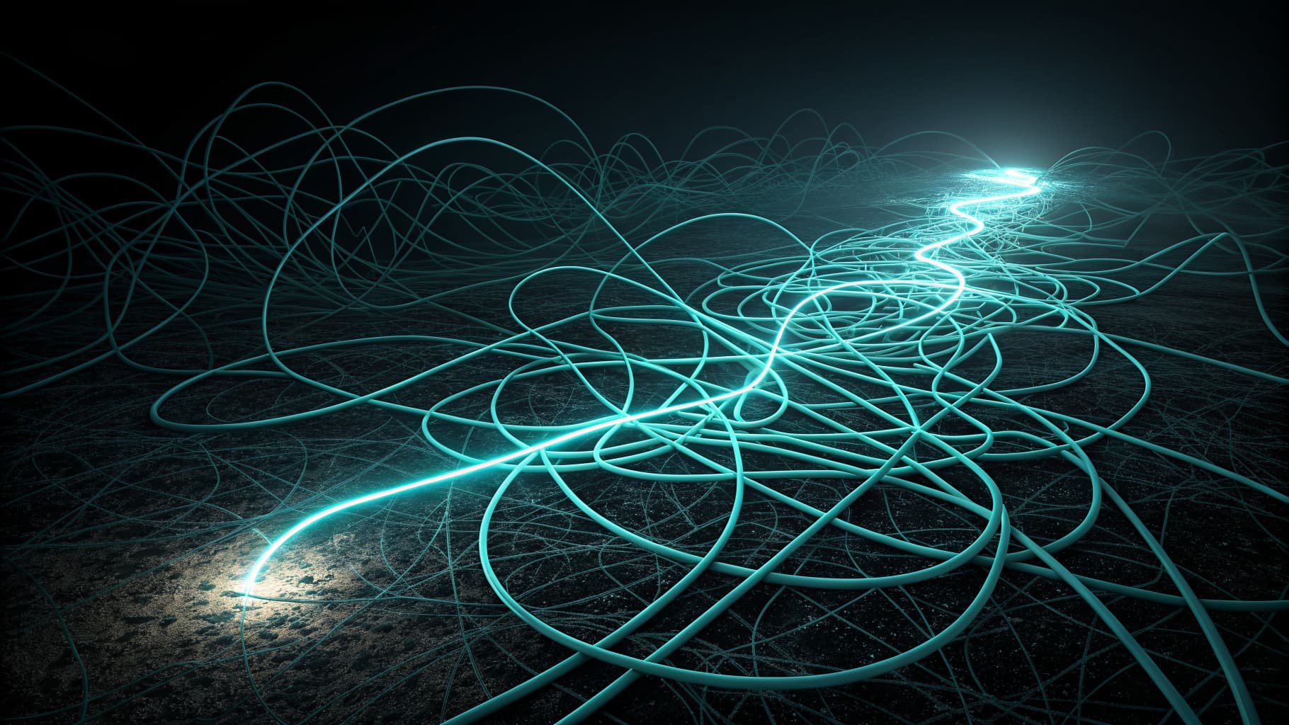 Tangled faint threads converging into a single clean cyan line on a dark background