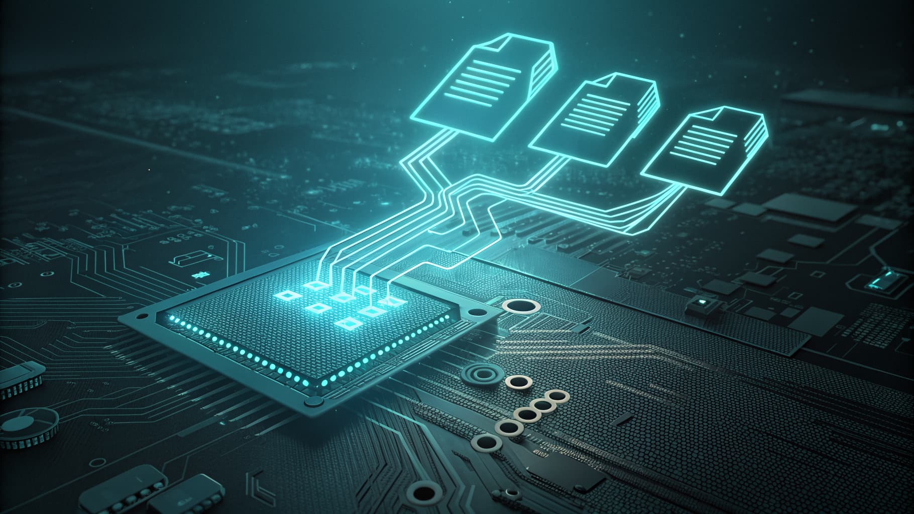 Scattered glowing cyan document shapes converging into one aligned stream on a dark background