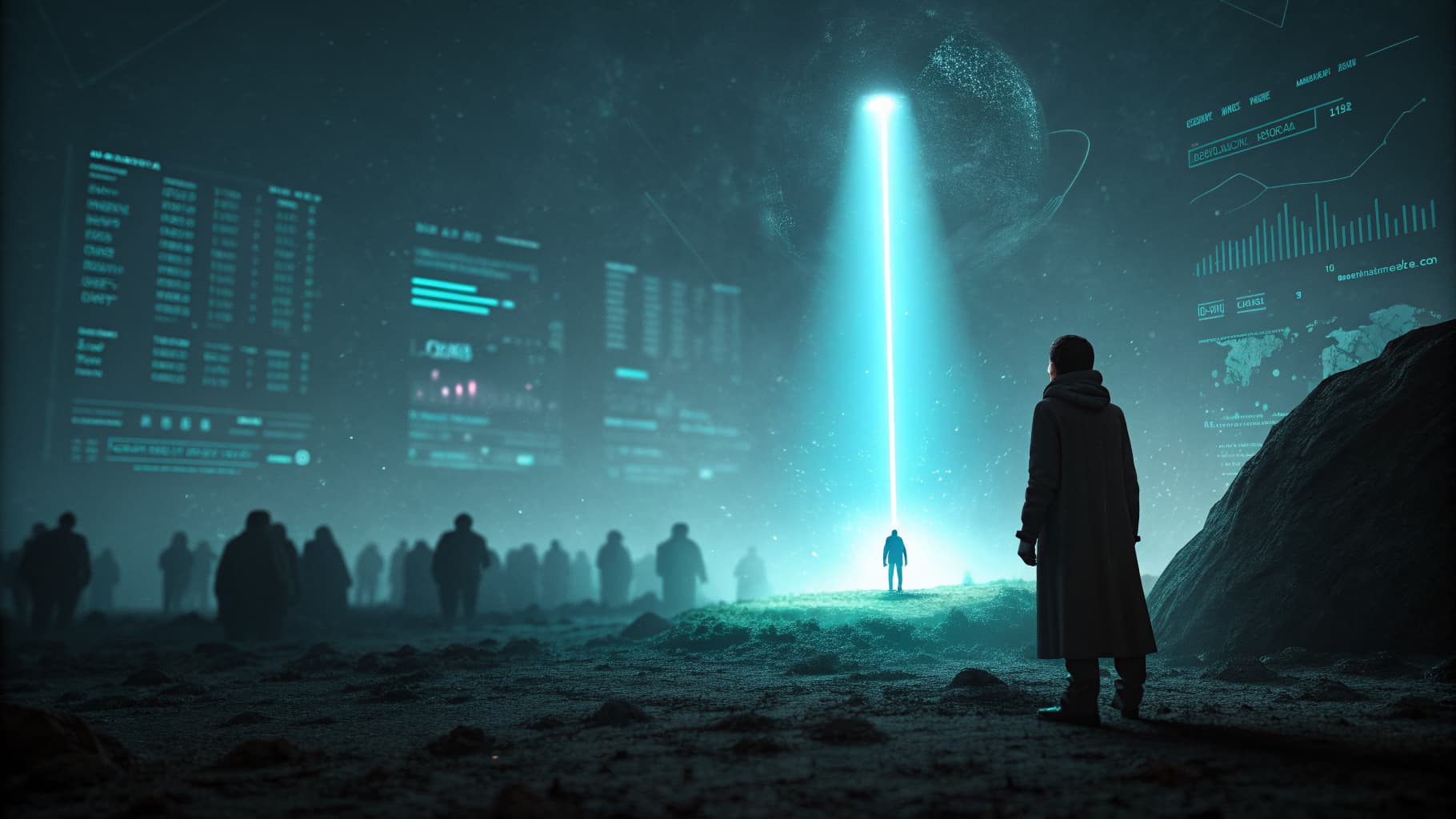 A single glowing cyan light standing apart from dim shapes in a dark abstract scene