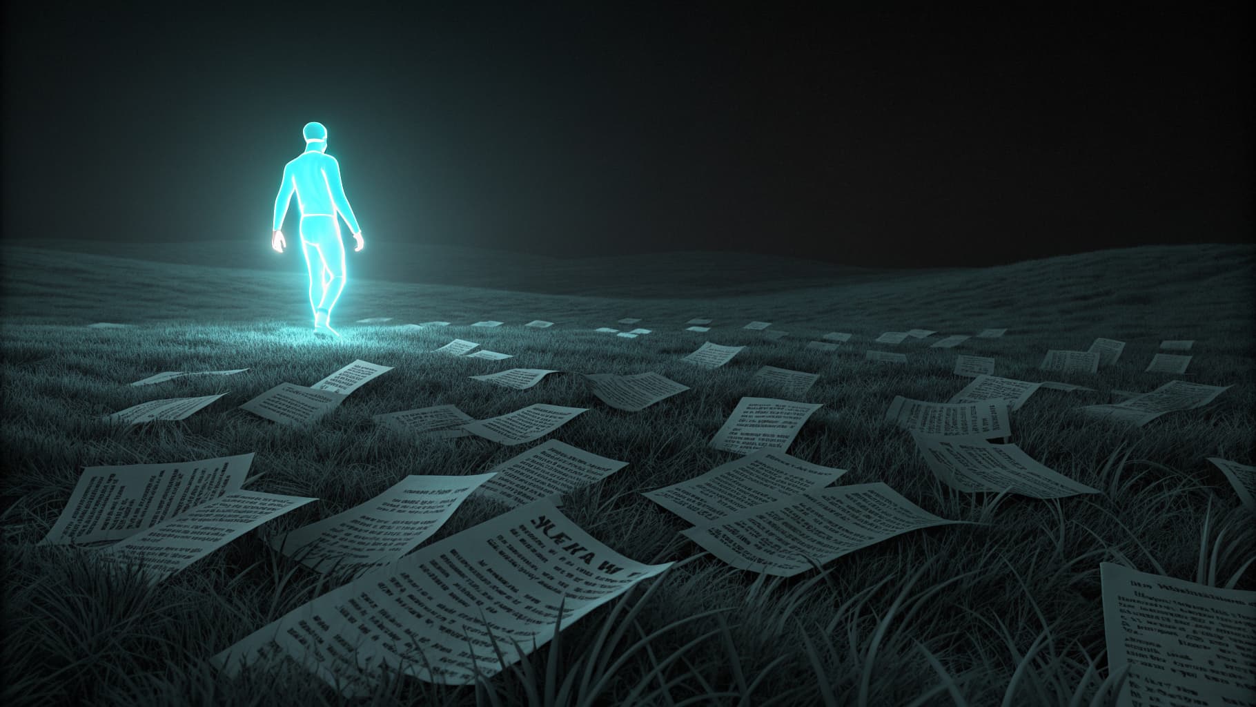 A single cyan glowing figure standing out from dissolving, generic document shapes on a dark background