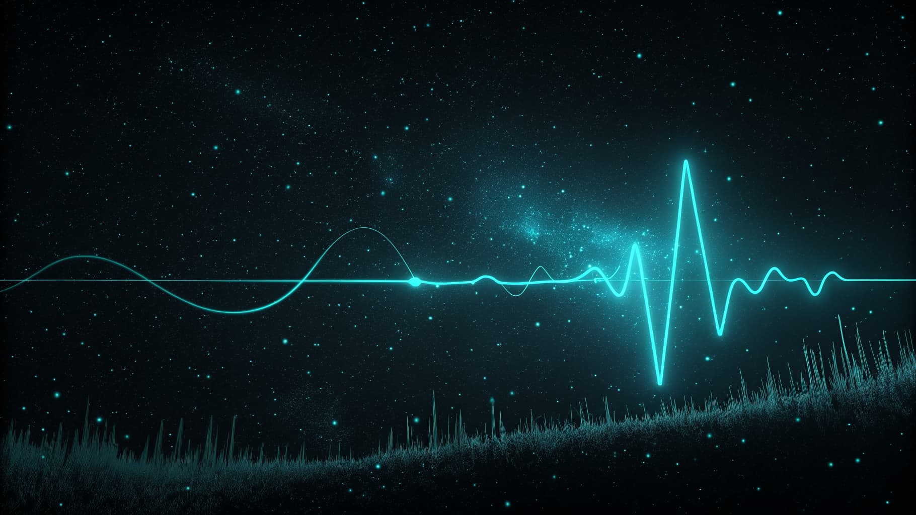 Abstract cyan signal rising out of scattered dim dots on a dark background, symbolizing clarity from noise