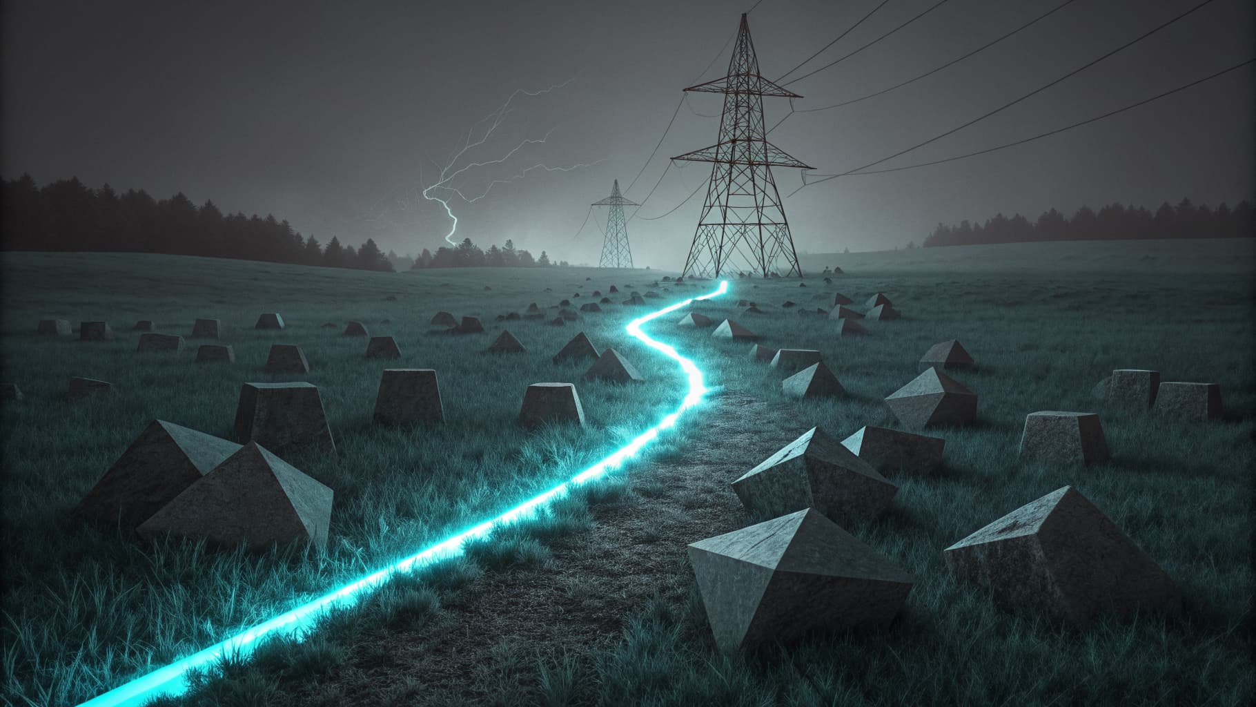 A single glowing cyan path standing apart from a field of uniform gray shapes in darkness