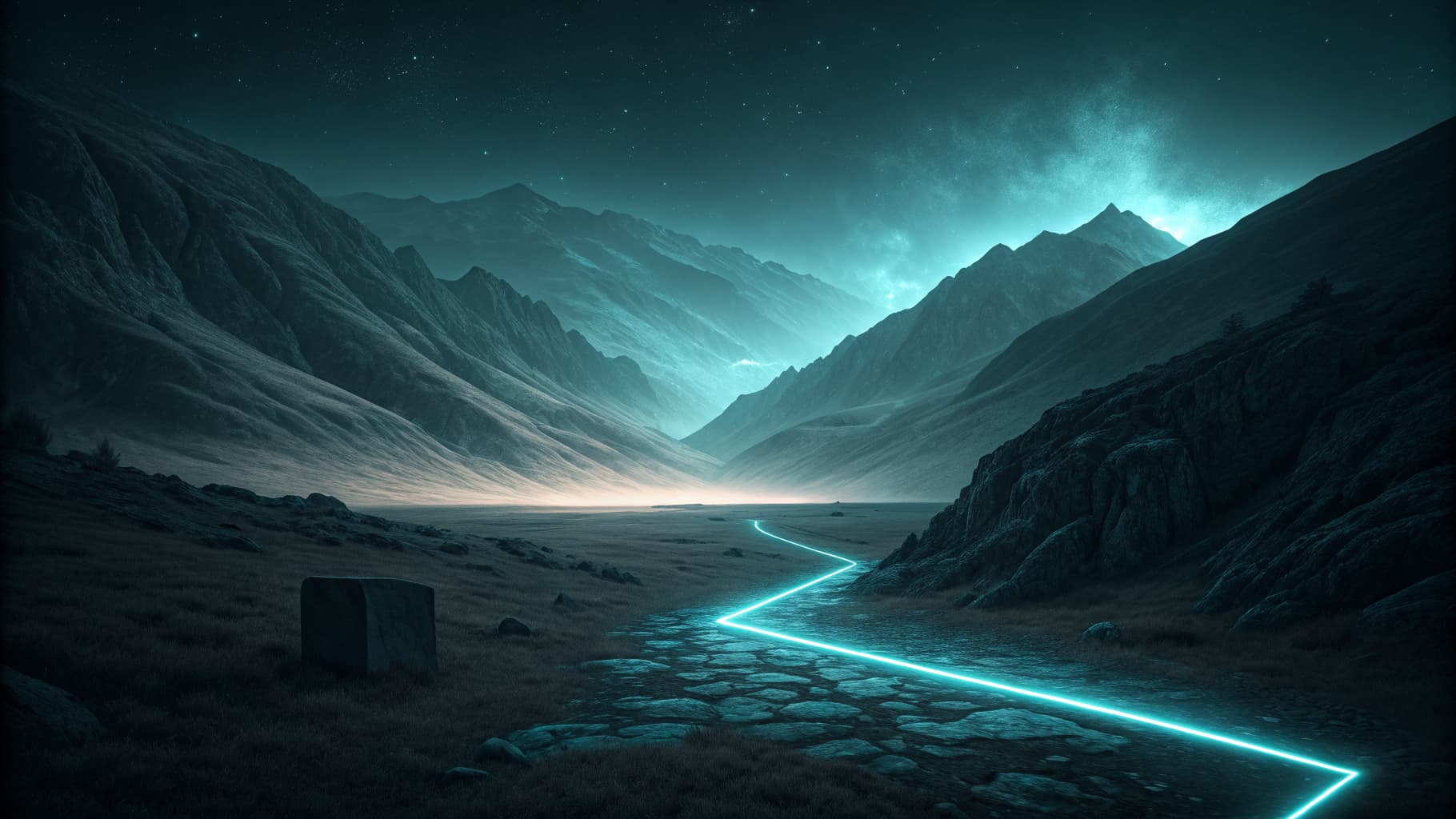 Abstract dark scene with a glowing cyan line bridging a gap between two shapes