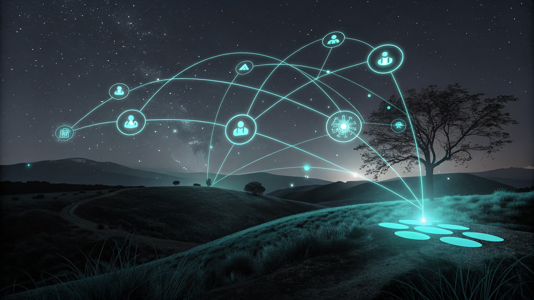 Abstract cyan network of branching nodes fading into darkness, representing content passing between unseen stakeholders.