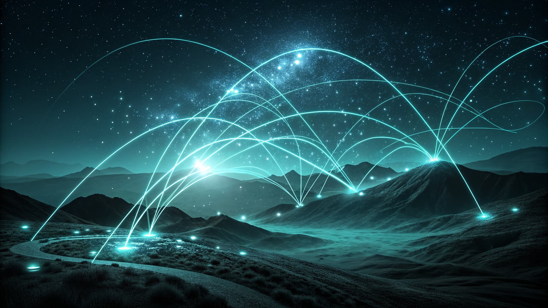 Abstract cyan light trails converging from many points into one, on a dark background