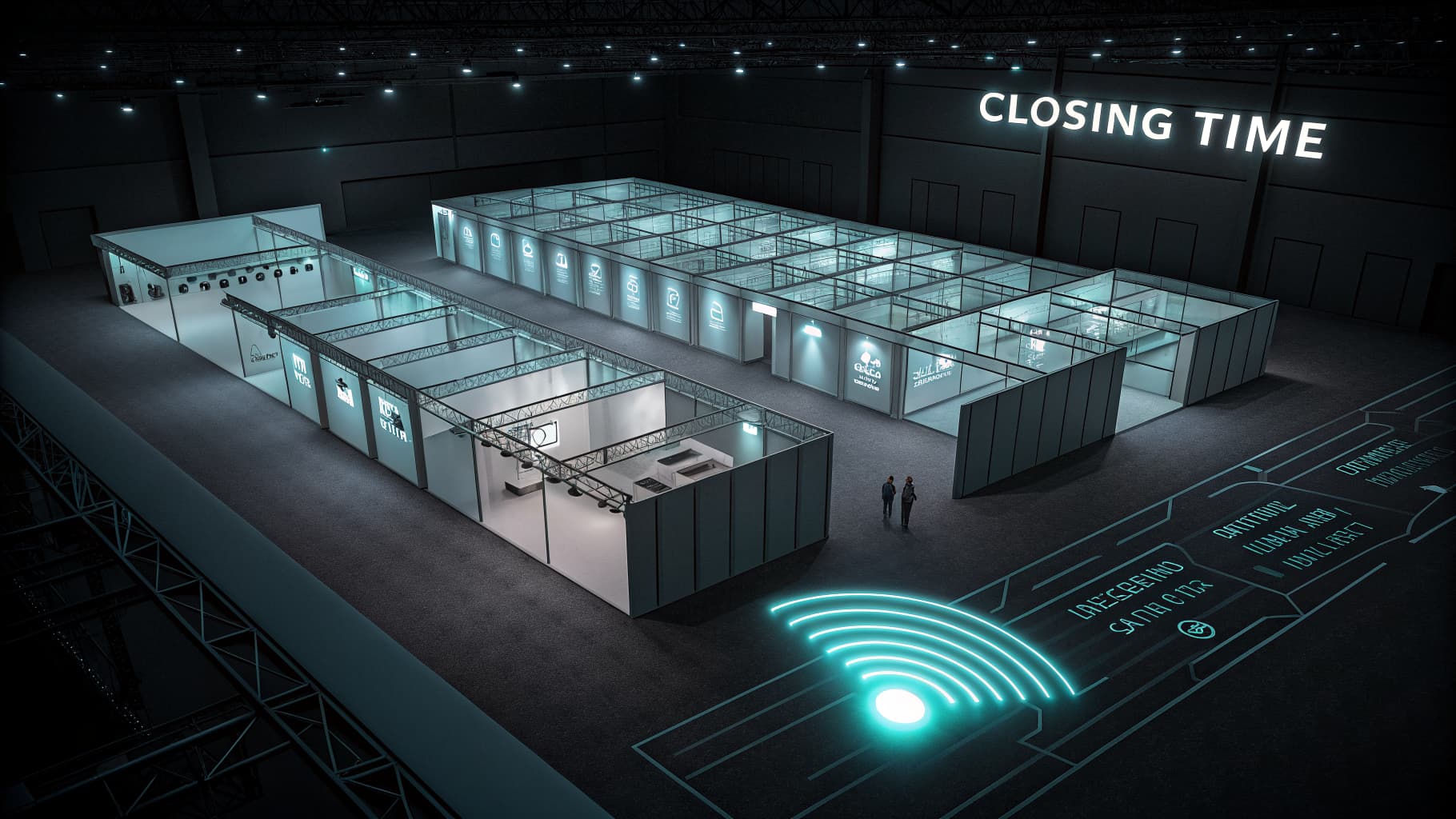 Dim conference show floor at closing with one glowing cyan point standing out among darkened booths